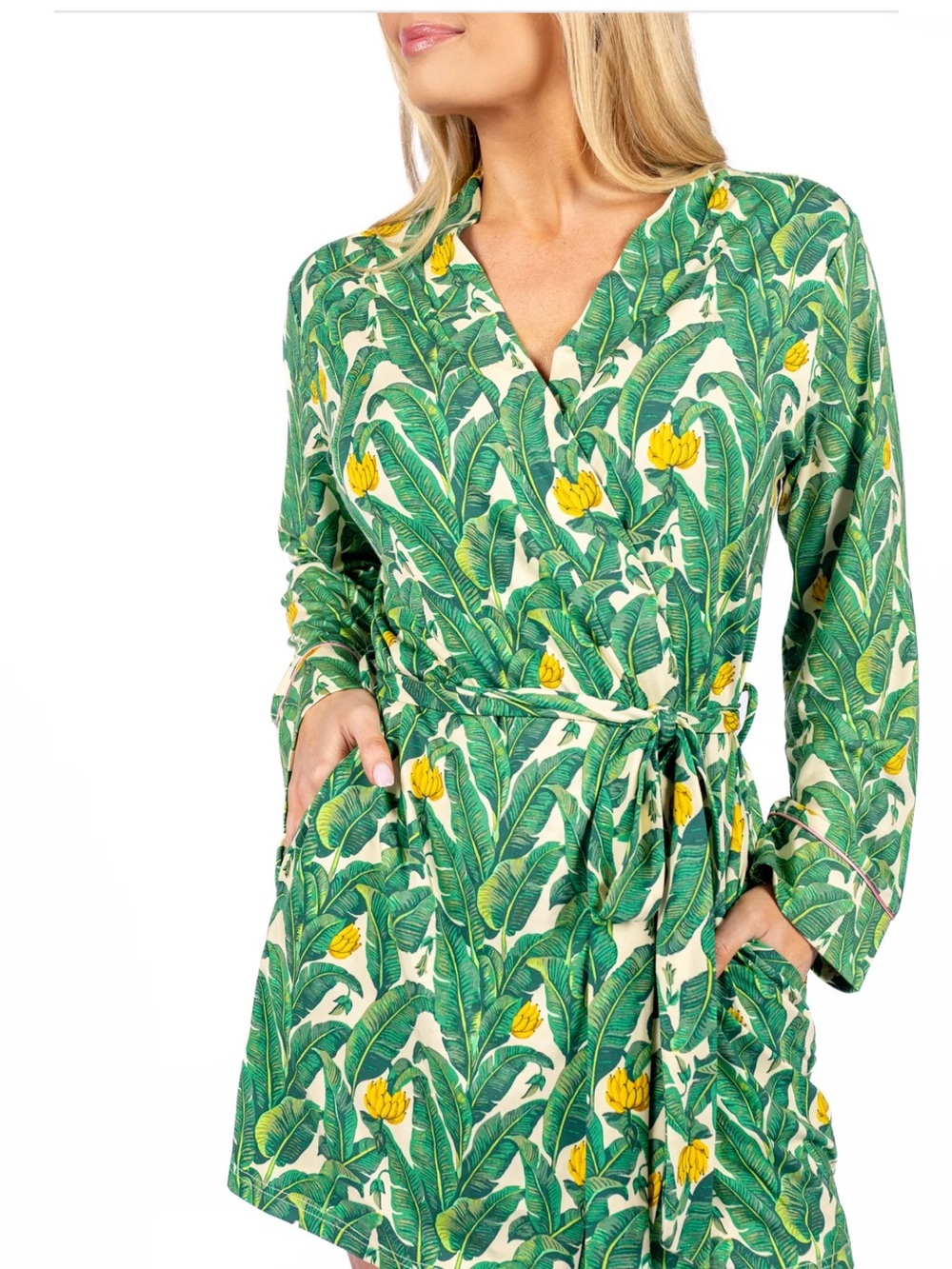 Green Floral Wrap Robe with Tropical Leaf Print - Picture 2 of 4